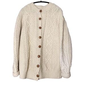 Large Cream Cable Knit Button Front Fisherman Cardigan Sweater Chunky
